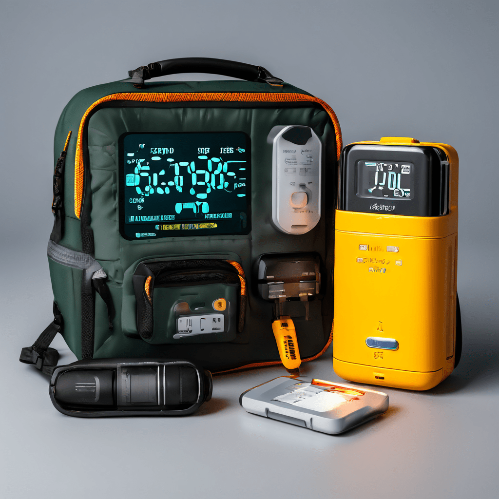 용량 게이지가 달린 캠핑용 보조 배터리가 전기 담요와 미니 냉장고에 전원을 공급하는 모습이다.