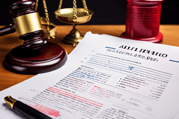 법적 상금 거부 사례를 분석하는 문서 위에 정의의 천칭과 계약서에 찍힌 빨간색 거부 도장이 함께 배치된 이미지입니다.