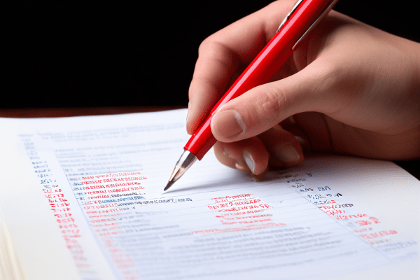 교사의 빨간 펜으로 성적이 수정되는 시험지와 학생의 권리 규정집을 함께 보여주며 학점 정정과 학생 권리 정책 분석의 중요성을 상징적으로 표현한 이미지입니다.