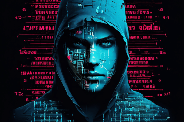 디지털 오류와 암호화 기호로 얼굴이 가려지고 부분적으로 벗겨진 여러 가짜 신분증이 겹쳐진 수배 전단지를 묘사한 이미지입니다.