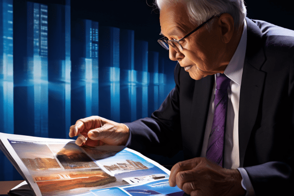 여행 브로슈어를 살펴보는 노년층의 뒤로, 그림자 같은 기업의 마케팅 시스템이 소비자를 유인하는 장면을 비판적으로 담아낸 이미지입니다.