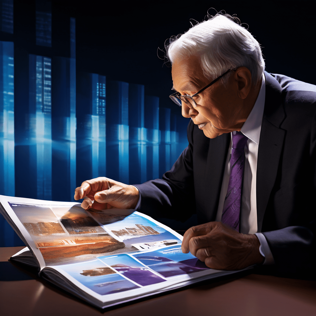 여행 브로슈어를 살펴보는 노년층의 뒤로, 그림자 같은 기업의 마케팅 시스템이 소비자를 유인하는 장면을 비판적으로 담아낸 이미지입니다.