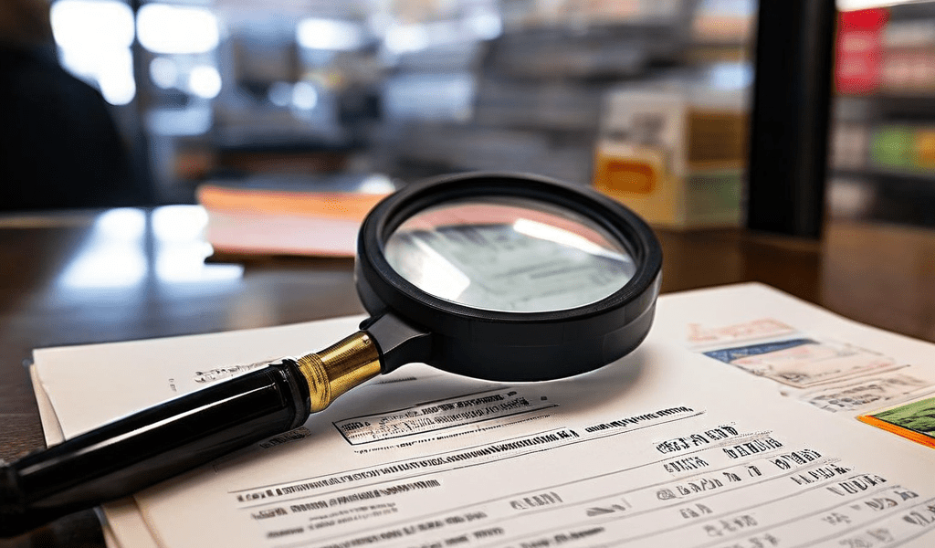 편의점 카운터 위에 놓인 이력서를 확대경으로 살펴보며, 주민등록번호와 같은 과도한 개인정보가 블러 처리되거나 가려져 있는 모습을 상세히 보여주는 이미지입니다.