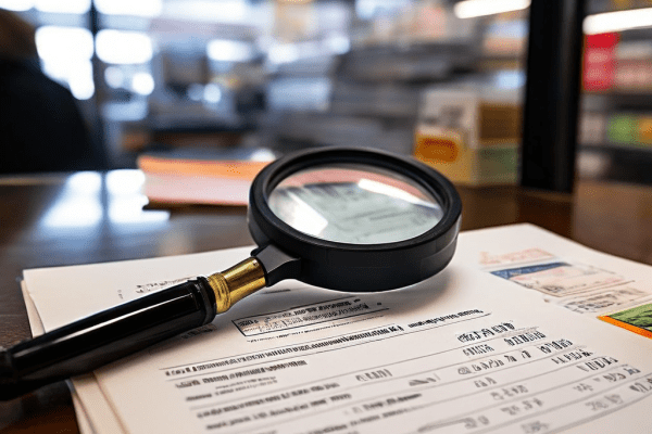 편의점 카운터 위에 놓인 이력서를 확대경으로 살펴보며, 주민등록번호와 같은 과도한 개인정보가 블러 처리되거나 가려져 있는 모습을 상세히 보여주는 이미지입니다.