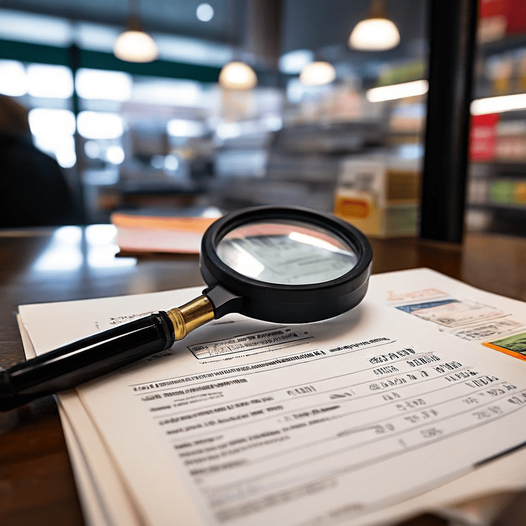 편의점 카운터 위에 놓인 이력서를 확대경으로 살펴보며, 주민등록번호와 같은 과도한 개인정보가 블러 처리되거나 가려져 있는 모습을 상세히 보여주는 이미지입니다.