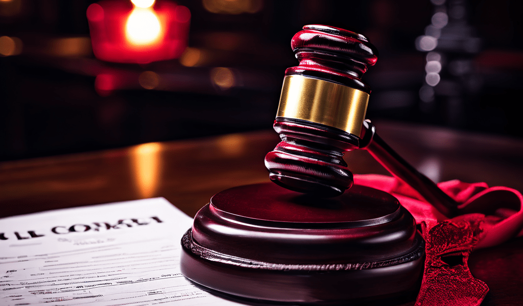 법정 소송 절차가 종료되었음을 의미하는 네온 'CLOSED' 사인과 법원 문서 위에 놓인 소망이 법적 분쟁의 해결과 폐정을 상징적으로 보여줍니다.