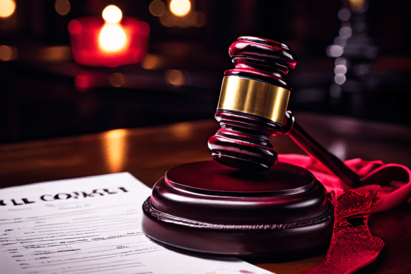 법정 소송 절차가 종료되었음을 의미하는 네온 'CLOSED' 사인과 법원 문서 위에 놓인 소망이 법적 분쟁의 해결과 폐정을 상징적으로 보여줍니다.