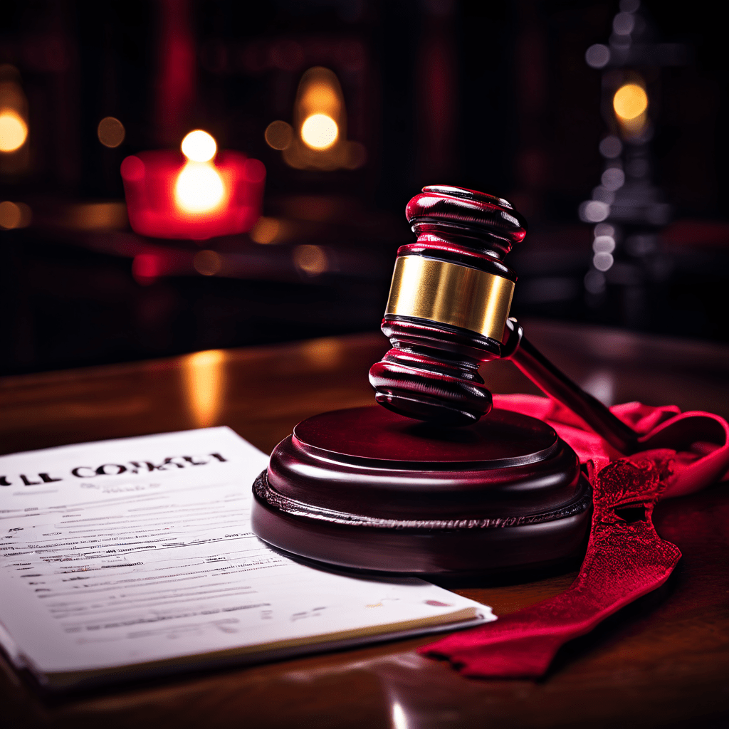 법정 소송 절차가 종료되었음을 의미하는 네온 'CLOSED' 사인과 법원 문서 위에 놓인 소망이 법적 분쟁의 해결과 폐정을 상징적으로 보여줍니다.