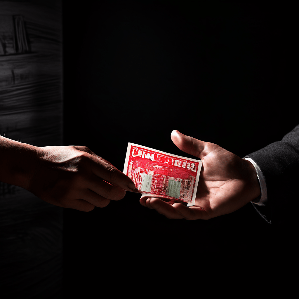 사기 경고의 의미로 빨간색 '사기' 도장이 찍힌 현금을 건네는 손과 그림자 속 인물이 공과금 사기 피해 사례를 경고하는 이미지입니다.