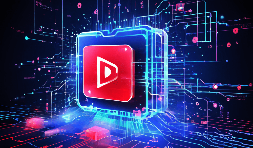 블록체인 데이터가 유입되는 구조적 다이어그램과 함께 유튜브 아이콘이 해킹되는 과정을 보여주는 인포그래픽으로, 사이버 공격의 메커니즘을 시각적으로 설명합니다.