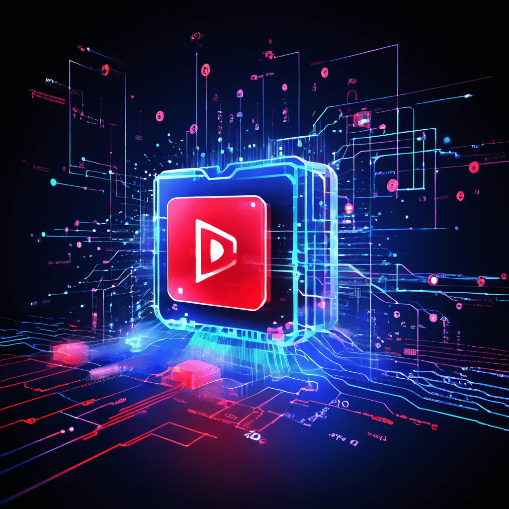 블록체인 데이터가 유입되는 구조적 다이어그램과 함께 유튜브 아이콘이 해킹되는 과정을 보여주는 인포그래픽으로, 사이버 공격의 메커니즘을 시각적으로 설명합니다.