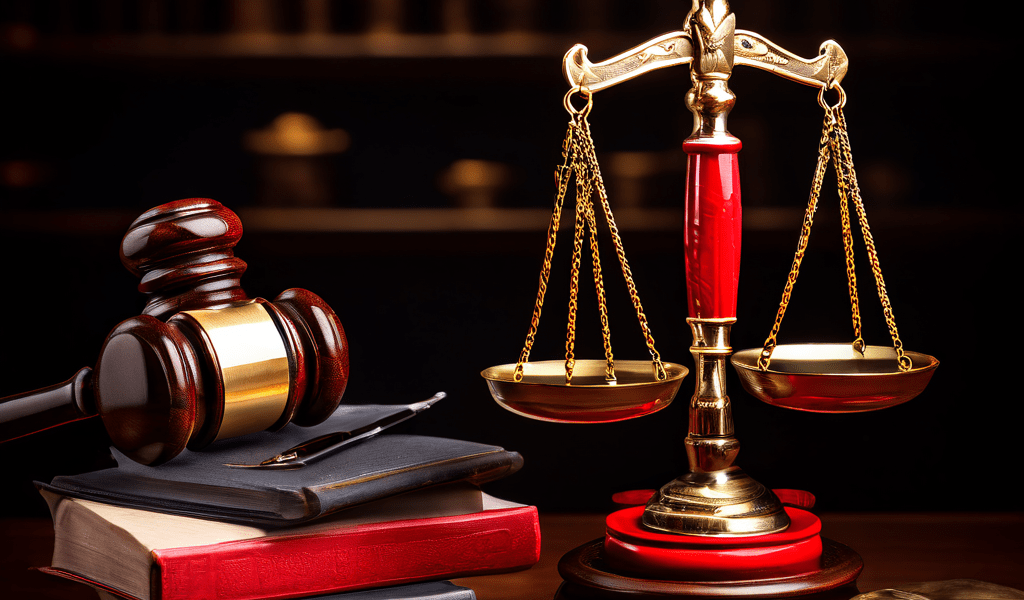 교사의 빨간 펜과 저울 위의 법전 및 법봉이 공정한 학업 평가와 학생의 권리가 균형을 이루어야 함을 상징적으로 보여주는 이미지입니다.