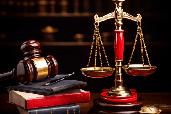 교사의 빨간 펜과 저울 위의 법전 및 법봉이 공정한 학업 평가와 학생의 권리가 균형을 이루어야 함을 상징적으로 보여주는 이미지입니다.