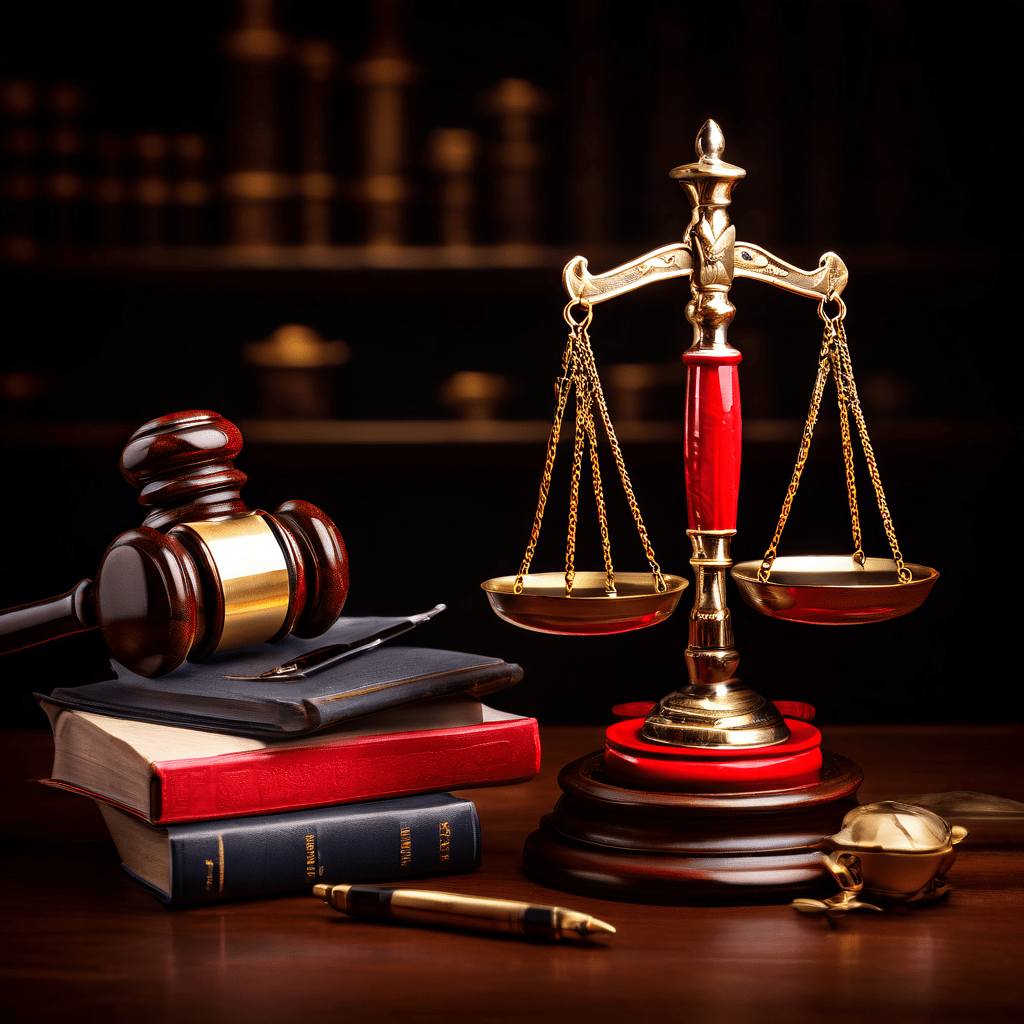 교사의 빨간 펜과 저울 위의 법전 및 법봉이 공정한 학업 평가와 학생의 권리가 균형을 이루어야 함을 상징적으로 보여주는 이미지입니다.