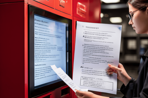 자판기 운영자의 행위를 계약서와 법률 문서의 강조된 조항을 통해 분석하고 검토하는 법률 자문 과정을 보여주는 이미지입니다.