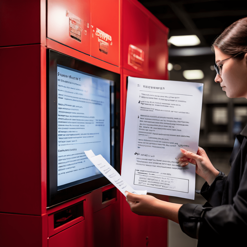 자판기 운영자의 행위를 계약서와 법률 문서의 강조된 조항을 통해 분석하고 검토하는 법률 자문 과정을 보여주는 이미지입니다.
