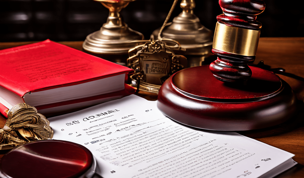 법적 금지를 상징하는 빨간 차단 표시가 적힌 서류가 울리고 있는 전화를 덮고 있으며 주변에는 법전과 법관의 소망이 놓여 있는 모습입니다.