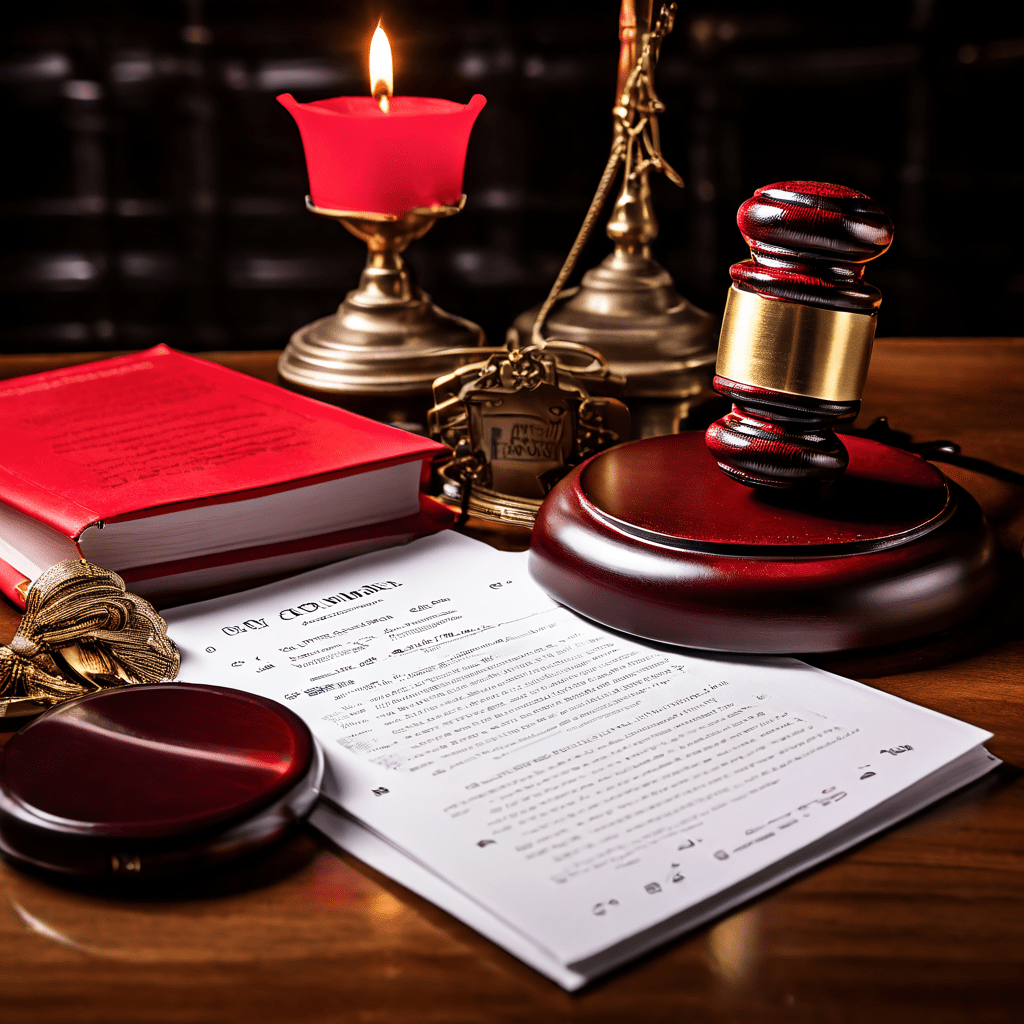 법적 금지를 상징하는 빨간 차단 표시가 적힌 서류가 울리고 있는 전화를 덮고 있으며 주변에는 법전과 법관의 소망이 놓여 있는 모습입니다.