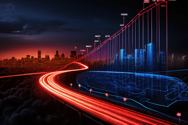 공급, 수요, 비용 곡선의 변화에 따라 속도 제한 표지판이 동적으로 변하는 경제 그래프가 고속도로 위에 중첩되어 시장 원리와 경제 흐름의 상관관계를 시각적으로 설명합니다.