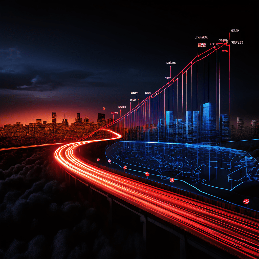 공급, 수요, 비용 곡선의 변화에 따라 속도 제한 표지판이 동적으로 변하는 경제 그래프가 고속도로 위에 중첩되어 시장 원리와 경제 흐름의 상관관계를 시각적으로 설명합니다.