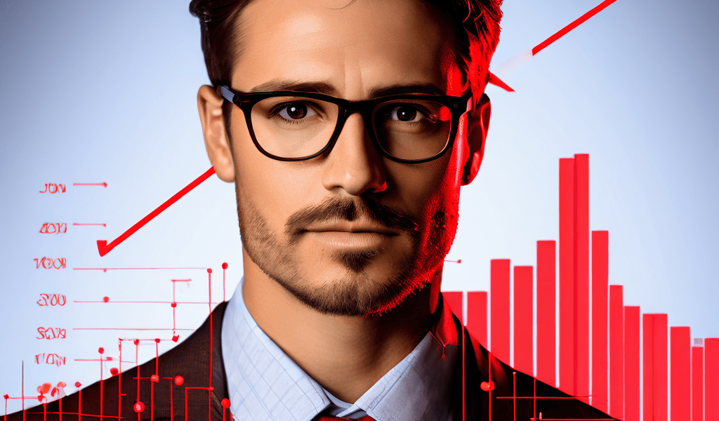 데이터 포인트와 차트가 겹쳐진 선생님의 얼굴 위로 하락 추세를 나타내는 빨간색 화살표가 표시된 분석 그래프로, 교육 현장의 평가 결과나 학습 성과를 시각적으로 설명합니다.