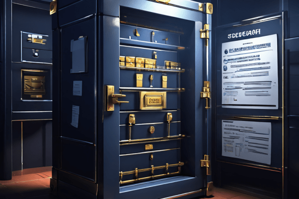 원본 계약서를 잠긴 금고에 안전하게 보관하고 전략적 복사본을 플로우차트로 체계적으로 관리하는 문서 보안 및 조직화 방식을 설명하는 이미지입니다.