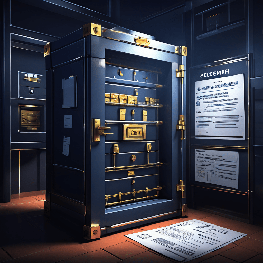 원본 계약서를 잠긴 금고에 안전하게 보관하고 전략적 복사본을 플로우차트로 체계적으로 관리하는 문서 보안 및 조직화 방식을 설명하는 이미지입니다.