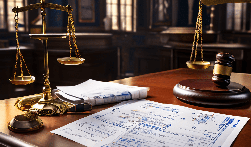 법적 절차와 복권 당첨 무효 사례를 상징적으로 표현한 이미지로, 책상 위에 놓인 법률 문서와 기각된 복권 티켓 뒤로 저울과 정부 청사 설계도가 배경에 함께 배치되어 있습니다.
