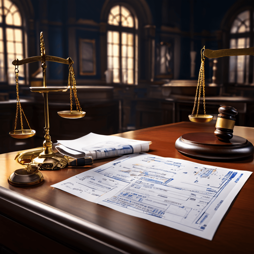 법적 절차와 복권 당첨 무효 사례를 상징적으로 표현한 이미지로, 책상 위에 놓인 법률 문서와 기각된 복권 티켓 뒤로 저울과 정부 청사 설계도가 배경에 함께 배치되어 있습니다.