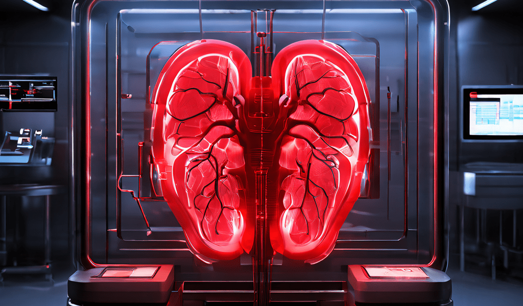 미래형 의료 스캐너 화면에 표시된 인체 장기 이미지가 갑자기 빨간색 '서비스 종료' 경고 문구로 바뀌는 순간을 포착한 이미지입니다.