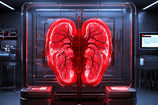 미래형 의료 스캐너 화면에 표시된 인체 장기 이미지가 갑자기 빨간색 '서비스 종료' 경고 문구로 바뀌는 순간을 포착한 이미지입니다.