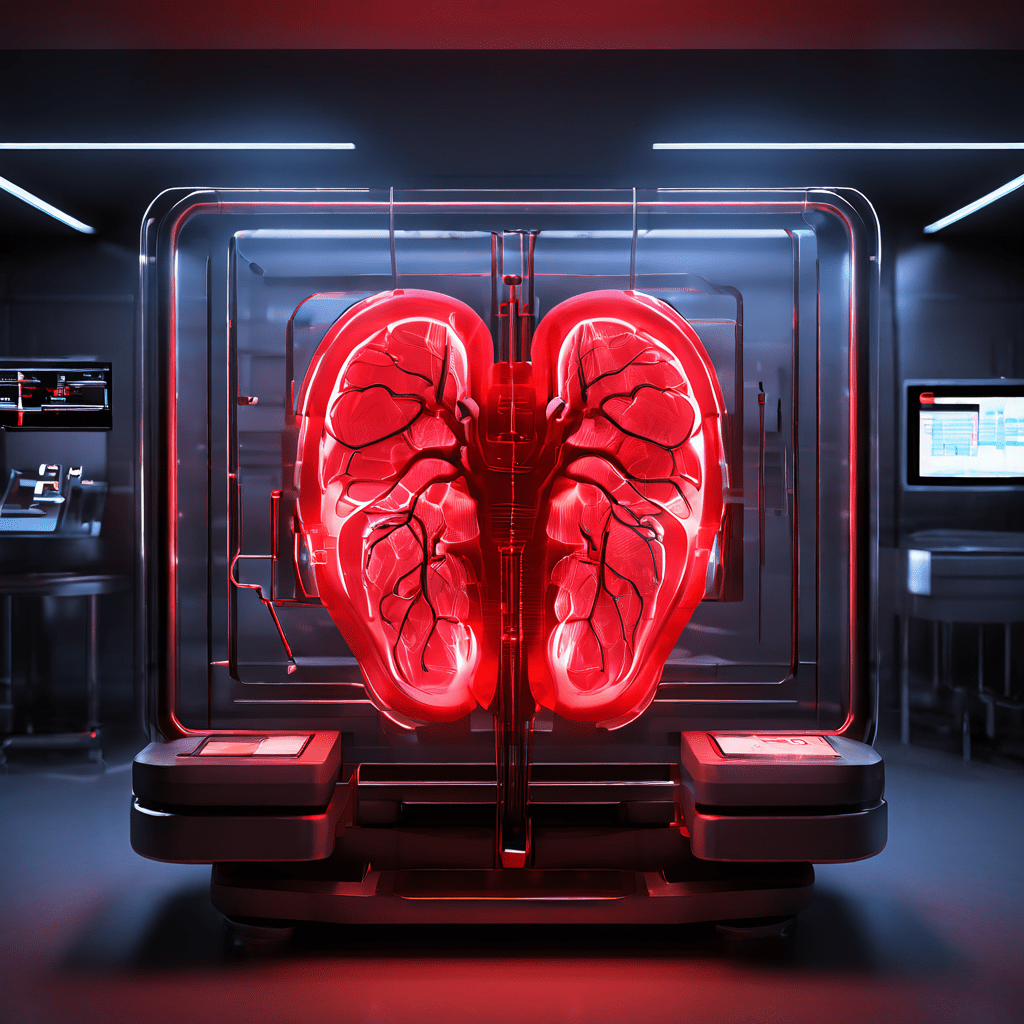 미래형 의료 스캐너 화면에 표시된 인체 장기 이미지가 갑자기 빨간색 '서비스 종료' 경고 문구로 바뀌는 순간을 포착한 이미지입니다.