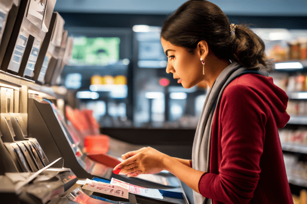 소비자가 계산대에서 가격 오류를 문제 삼으며 소비자 권리와 매장 정책을 두고 벌이는 긴장된 미시적 권력 게임을 묘사한 이미지입니다.