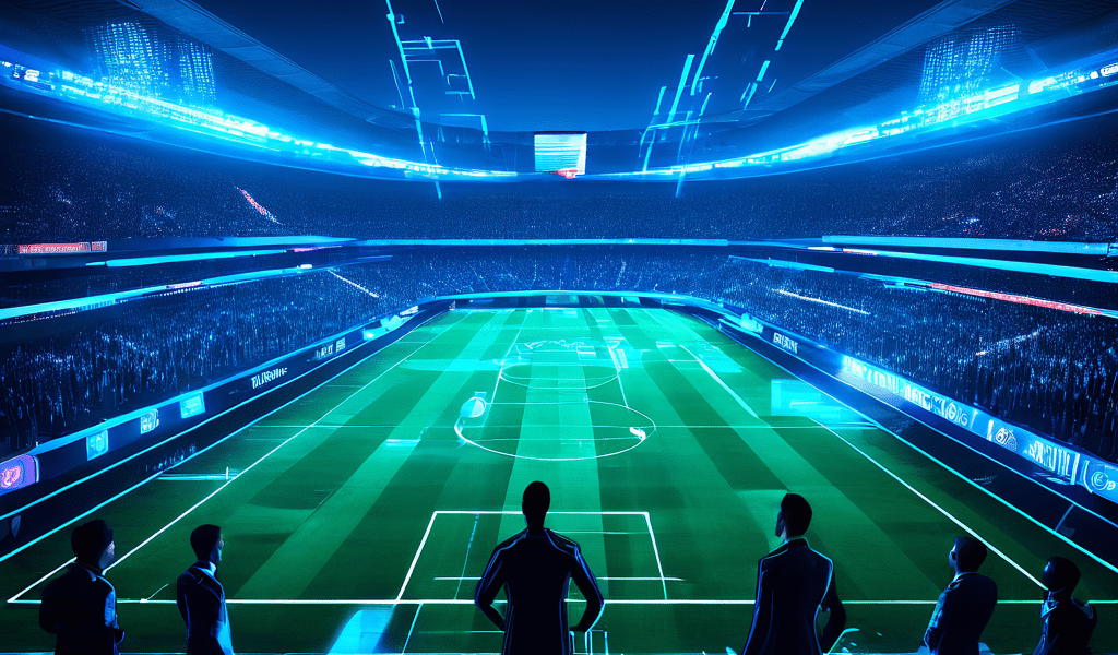 미래지향적인 VAR 화면이 논란의 오프사이드 판정을 분석하는 장면으로, 사라져가는 심판 실루엣과 빛나는 데이터 스트림이 축구 경기의 첨단 기술 심판 과정을 생생하게 보여줍니다.