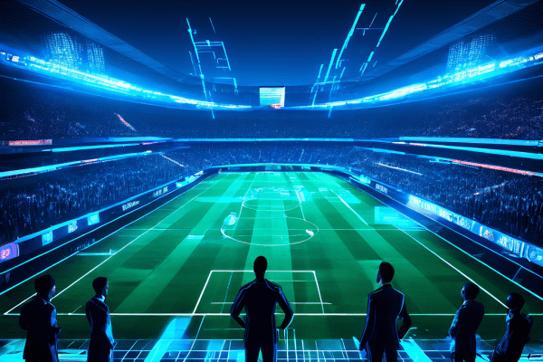 미래지향적인 VAR 화면이 논란의 오프사이드 판정을 분석하는 장면으로, 사라져가는 심판 실루엣과 빛나는 데이터 스트림이 축구 경기의 첨단 기술 심판 과정을 생생하게 보여줍니다.