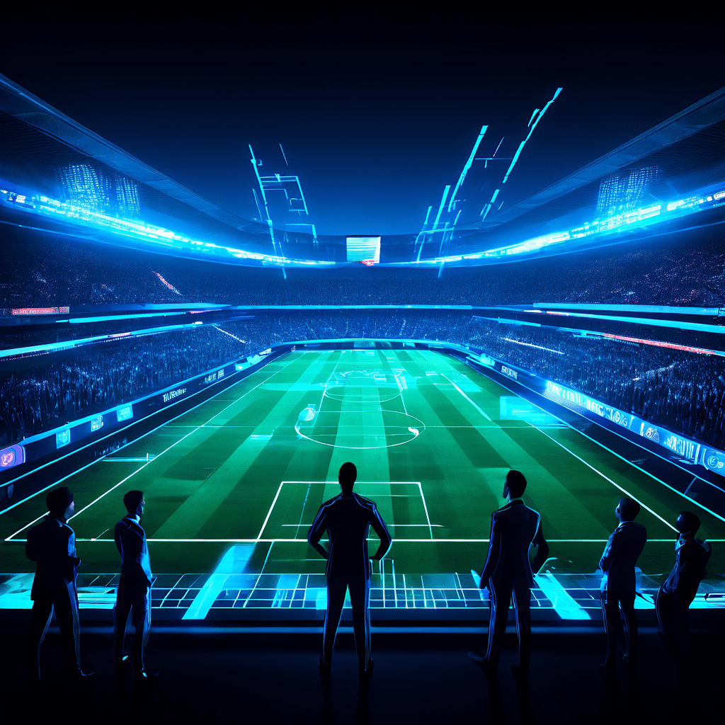 미래지향적인 VAR 화면이 논란의 오프사이드 판정을 분석하는 장면으로, 사라져가는 심판 실루엣과 빛나는 데이터 스트림이 축구 경기의 첨단 기술 심판 과정을 생생하게 보여줍니다.