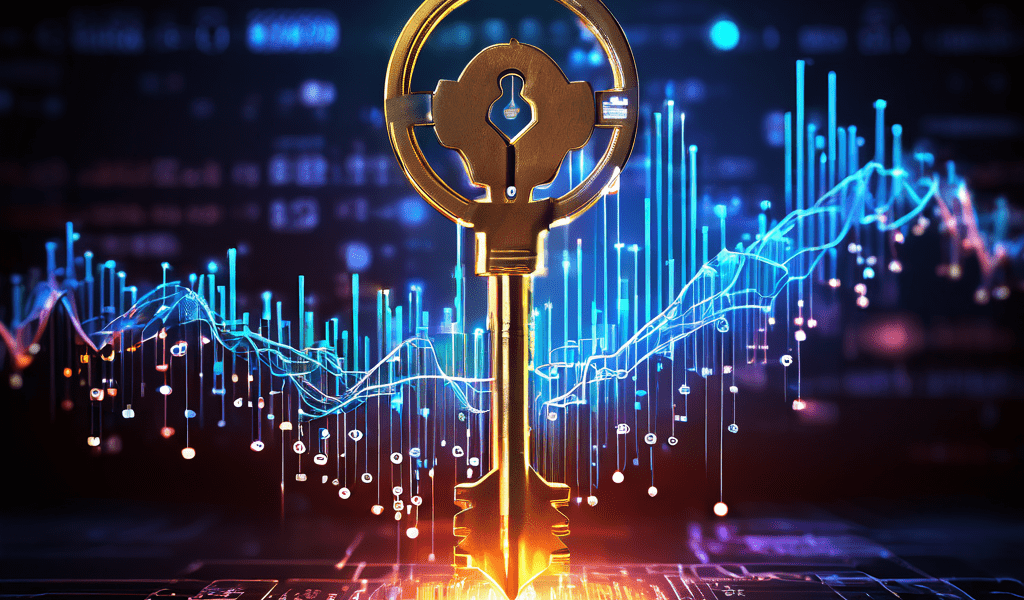 복잡한 데이터 네트워크를 열어 통합 디지털 플랫폼 내 명확한 금융 차트와 그래프를 드러내는 빛나는 키를 상징적으로 표현한 이미지입니다.