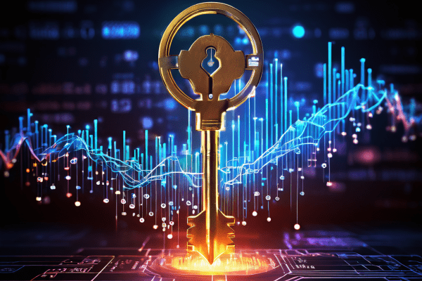 복잡한 데이터 네트워크를 열어 통합 디지털 플랫폼 내 명확한 금융 차트와 그래프를 드러내는 빛나는 키를 상징적으로 표현한 이미지입니다.