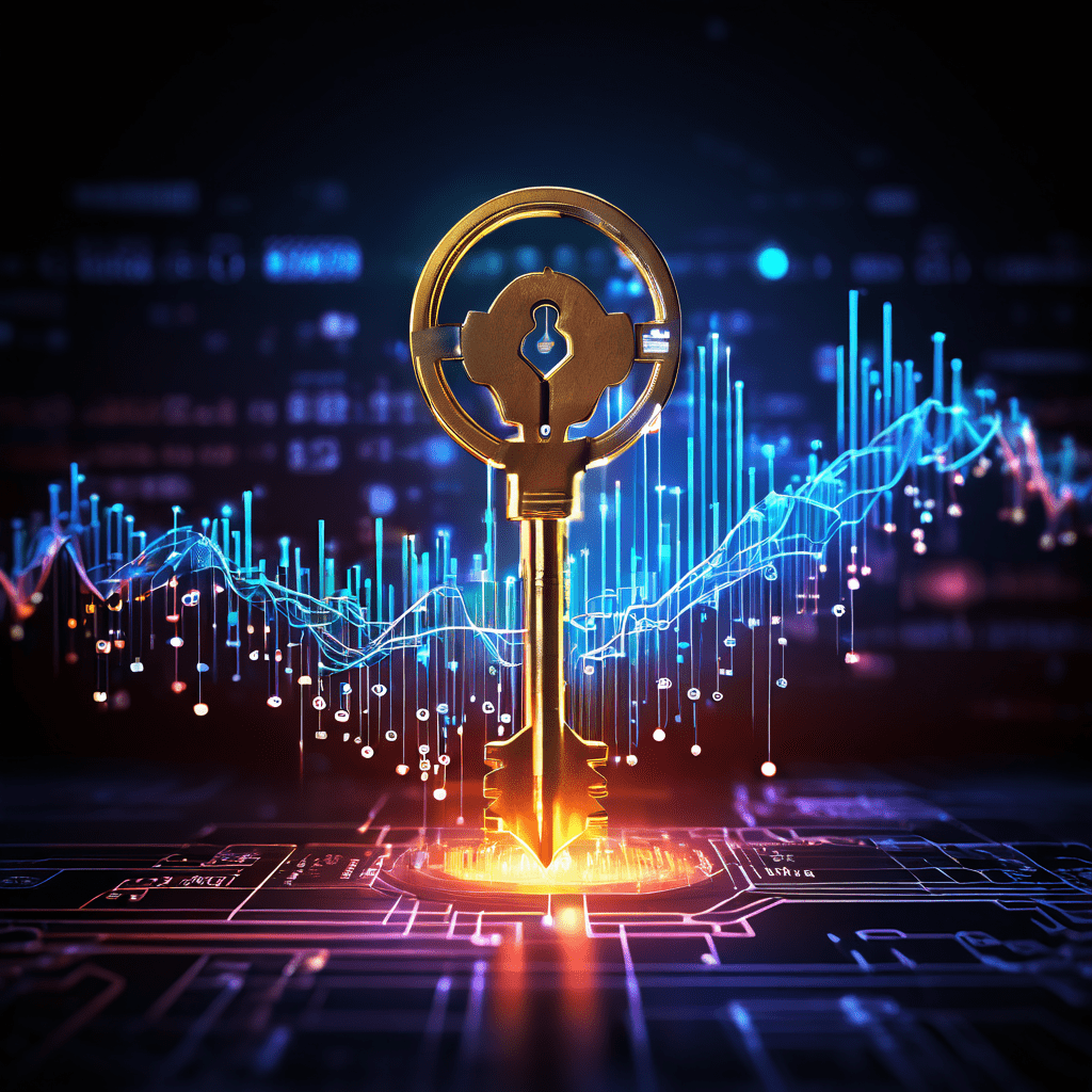복잡한 데이터 네트워크를 열어 통합 디지털 플랫폼 내 명확한 금융 차트와 그래프를 드러내는 빛나는 키를 상징적으로 표현한 이미지입니다.