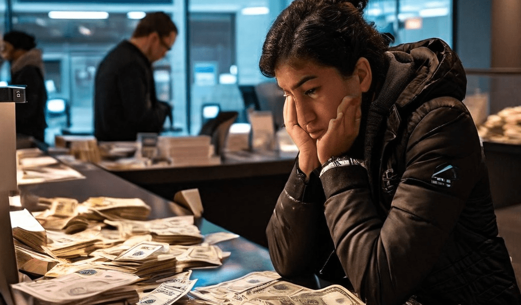 국제 송금 지연과 자동 이체 결제 실패로 인해 은행 창구에서 좌절하는 고객의 모습을 상징적으로 표현한 이미지입니다.