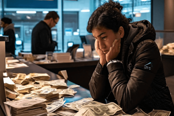 국제 송금 지연과 자동 이체 결제 실패로 인해 은행 창구에서 좌절하는 고객의 모습을 상징적으로 표현한 이미지입니다.