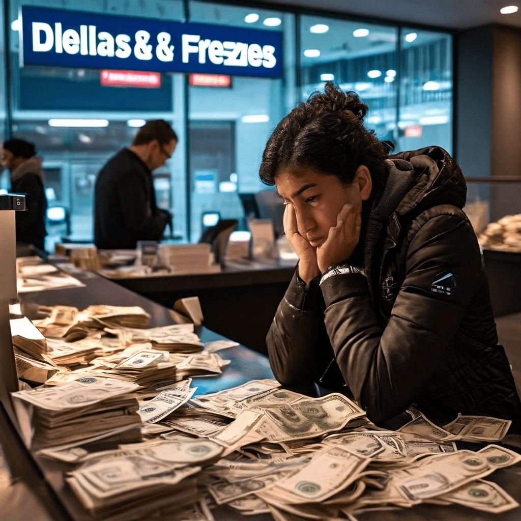 국제 송금 지연과 자동 이체 결제 실패로 인해 은행 창구에서 좌절하는 고객의 모습을 상징적으로 표현한 이미지입니다.