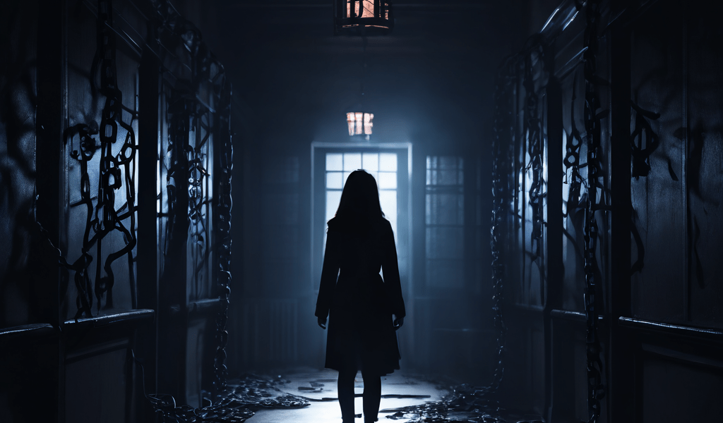 과거 트라우마라는 유령 같은 사슬에 묶인 학생이 어두운 학교 복도에서 그림자 같은 존재에게 위협을 받는 심리적 공포 상황을 표현한 이미지입니다.