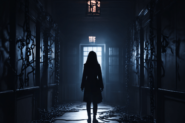 과거 트라우마라는 유령 같은 사슬에 묶인 학생이 어두운 학교 복도에서 그림자 같은 존재에게 위협을 받는 심리적 공포 상황을 표현한 이미지입니다.