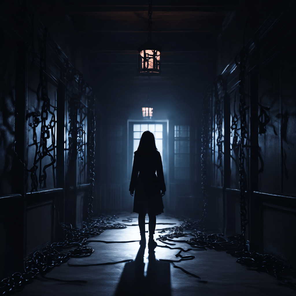 과거 트라우마라는 유령 같은 사슬에 묶인 학생이 어두운 학교 복도에서 그림자 같은 존재에게 위협을 받는 심리적 공포 상황을 표현한 이미지입니다.