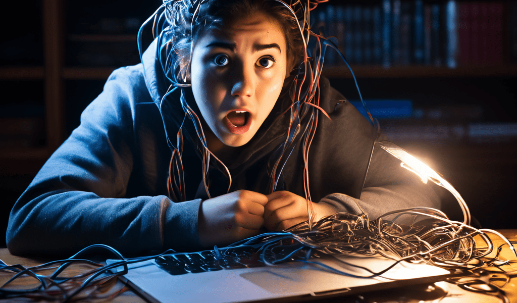 온라인 시험 중 인터넷 케이블이 끊어져 학생의 노트북을 휘감고 있으며, 화면에는 당황한 표정이 그대로 고정된 학생의 얼굴이 나타나고 있습니다.