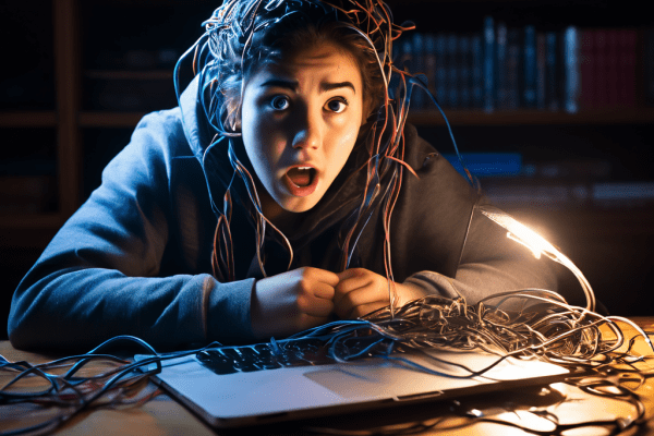 온라인 시험 중 인터넷 케이블이 끊어져 학생의 노트북을 휘감고 있으며, 화면에는 당황한 표정이 그대로 고정된 학생의 얼굴이 나타나고 있습니다.