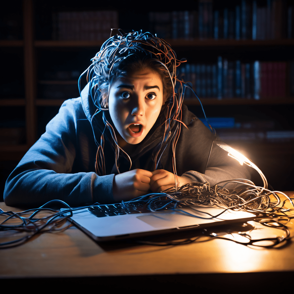 온라인 시험 중 인터넷 케이블이 끊어져 학생의 노트북을 휘감고 있으며, 화면에는 당황한 표정이 그대로 고정된 학생의 얼굴이 나타나고 있습니다.