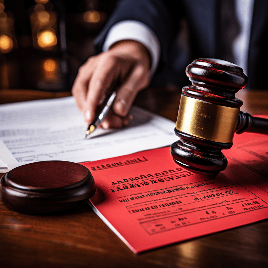 법적 조치의 필요성을 강조하는 "LEGAL ACTION REQUIRED" 스탬프가 적색 긴급 문서에 날인되는 순간을 클로즈업한 이미지로, 배경에는 법정 망치와 법전이 흐릿하게 배치되어 있습니다.