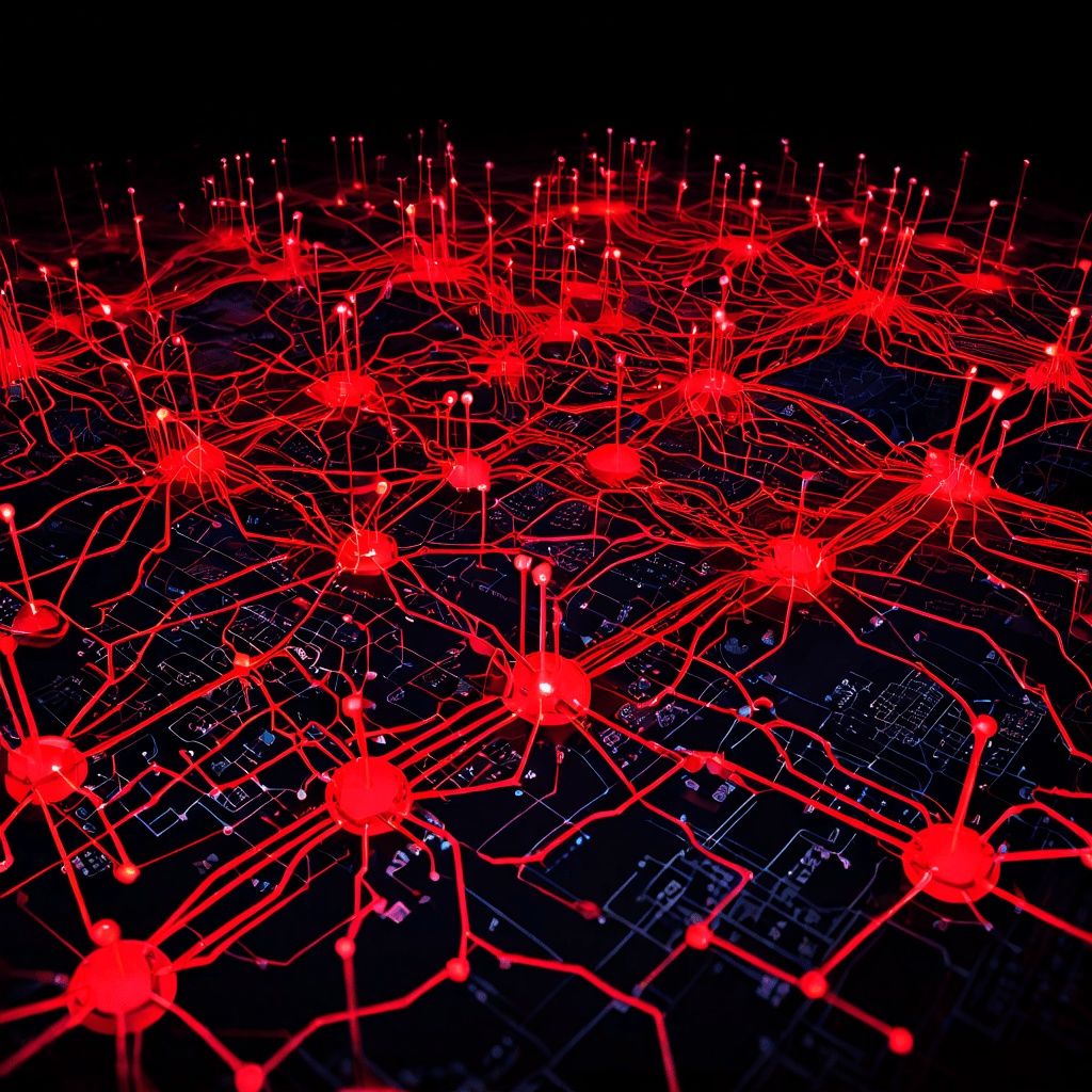 복잡한 상호 연결된 시스템에서 단일한 붉은 노드의 고장이 전체 네트워크로 확산되어 연쇄적인 시스템 마비를 초래하는 상황을 시각화한 네트워크 다이어그램입니다.